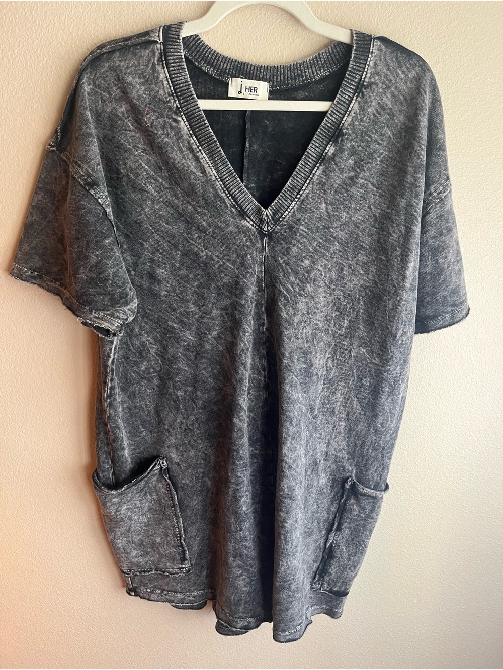 Washed Gray V-Neck Tunic Romper with Pockets